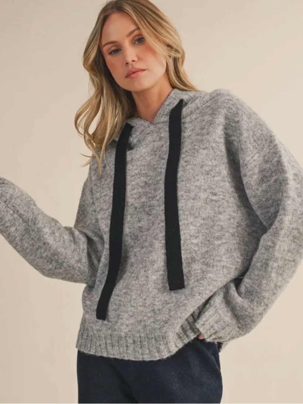 27 Miles Cozy Grey Hooded Knit Sweater with Black Ties